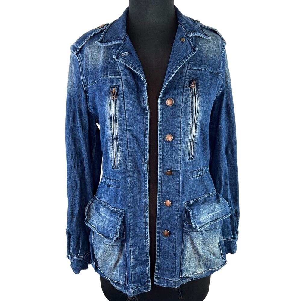 ZARA Basic Blue Denim Gray Leather Elbow Patch Jacket Shacket S Small